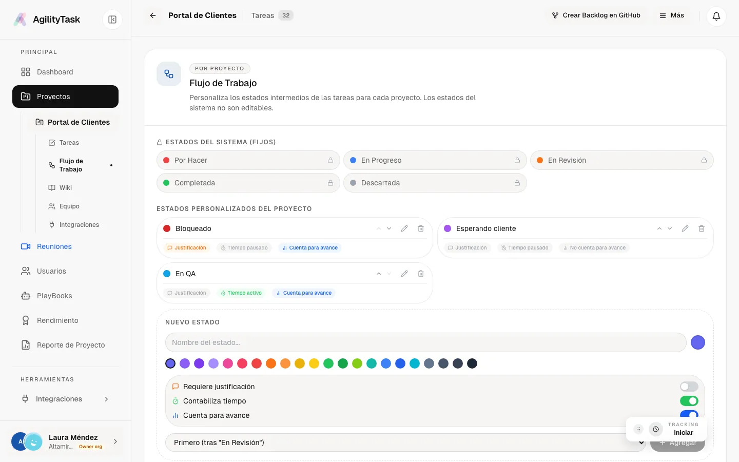 Configuración del flujo de trabajo: estados base fijos y columnas propias con sus interruptores