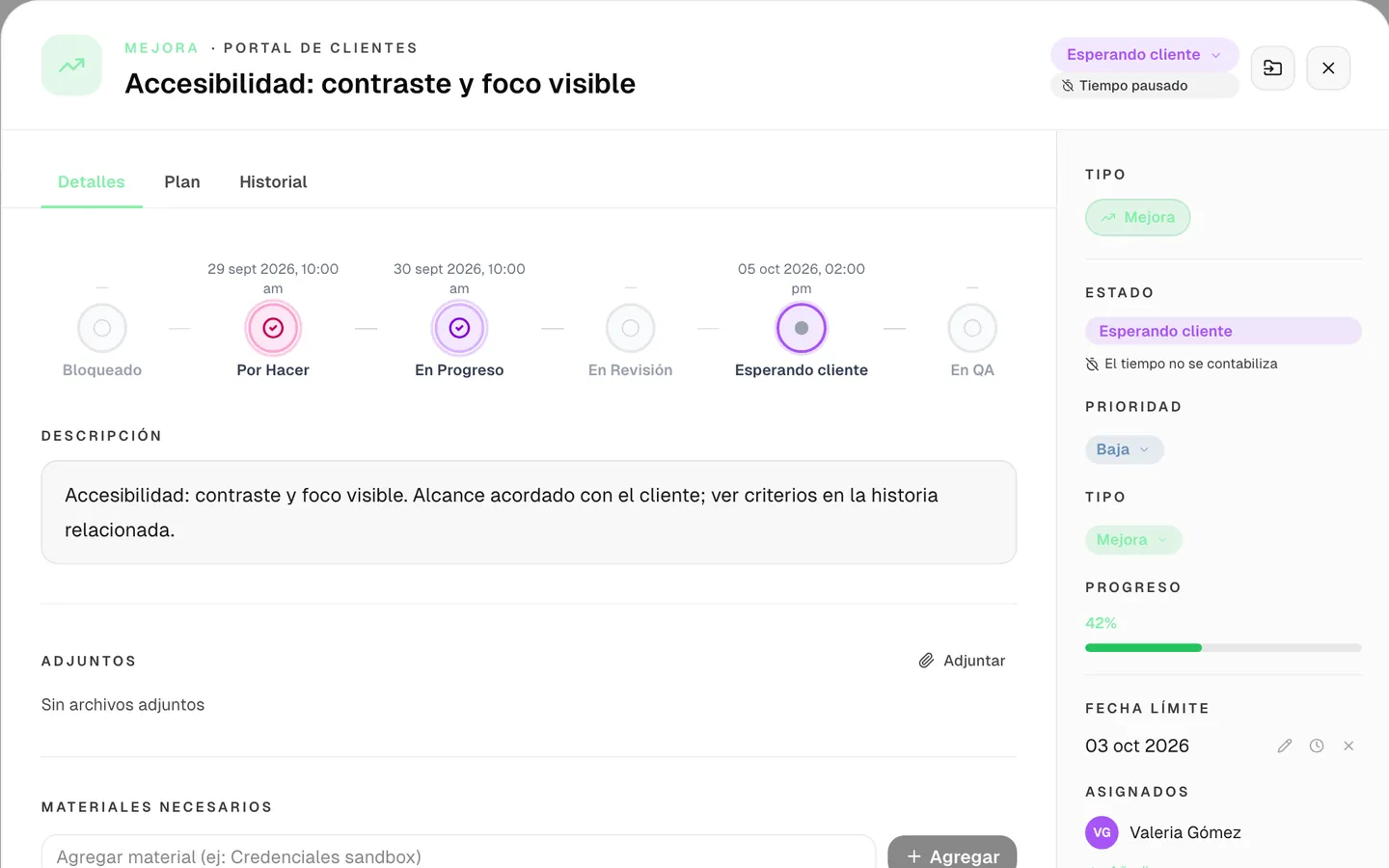 Tarea en “Esperando cliente” con el cronómetro pausado y el recorrido de estados registrado