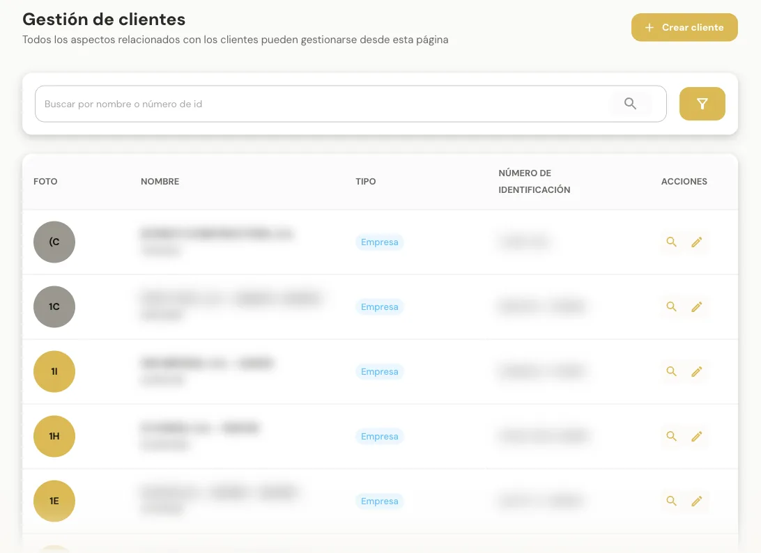 Gestión de clientes: lista con tipo y número de identificación
