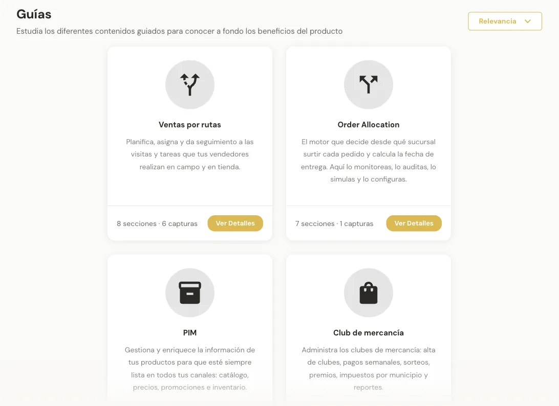 Guías: manuales por módulo con secciones y capturas