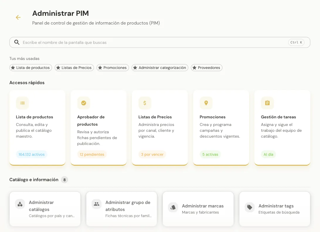 Administrar PIM: panel de control con accesos rápidos y buscador de pantallas