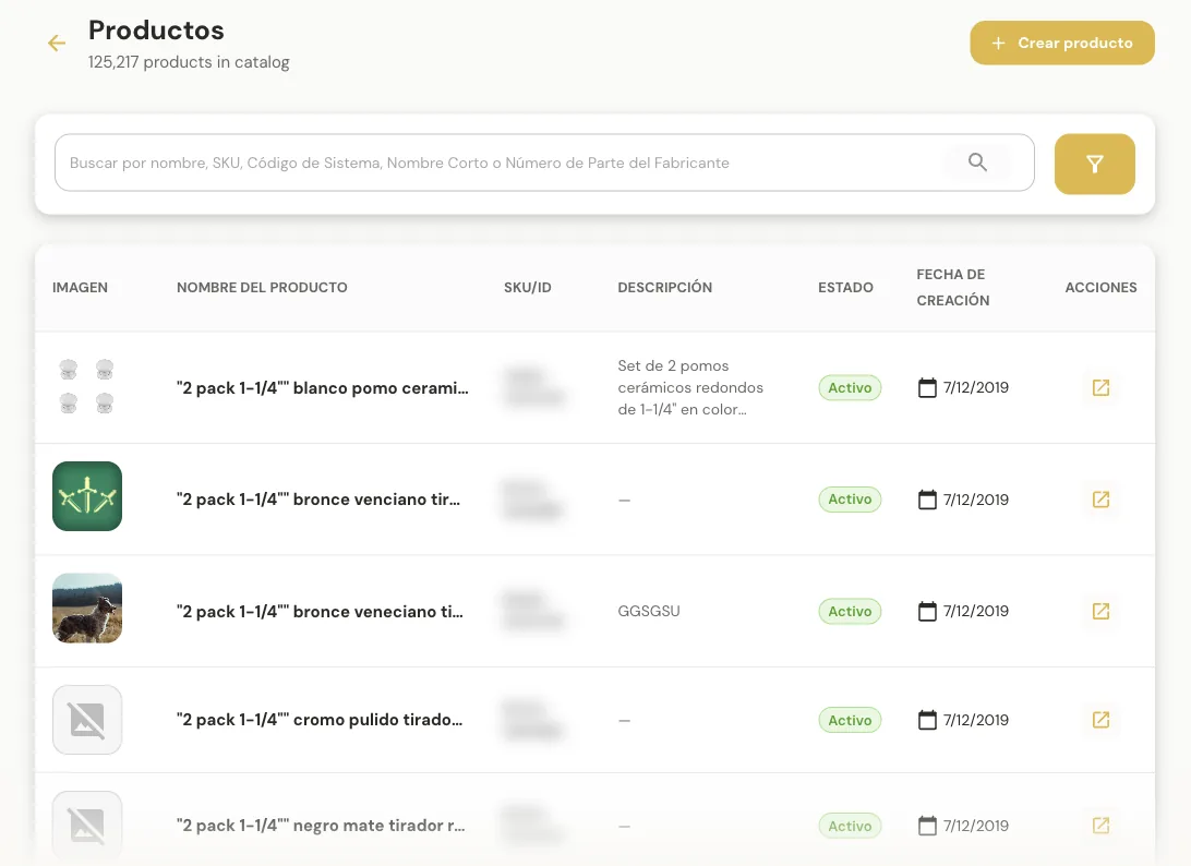 Lista de productos: búsqueda por nombre o SKU, estado, fecha y acciones