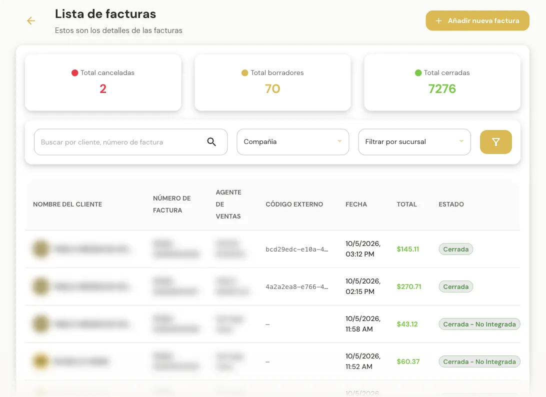 Lista de facturas: totales por estado y detalle por documento