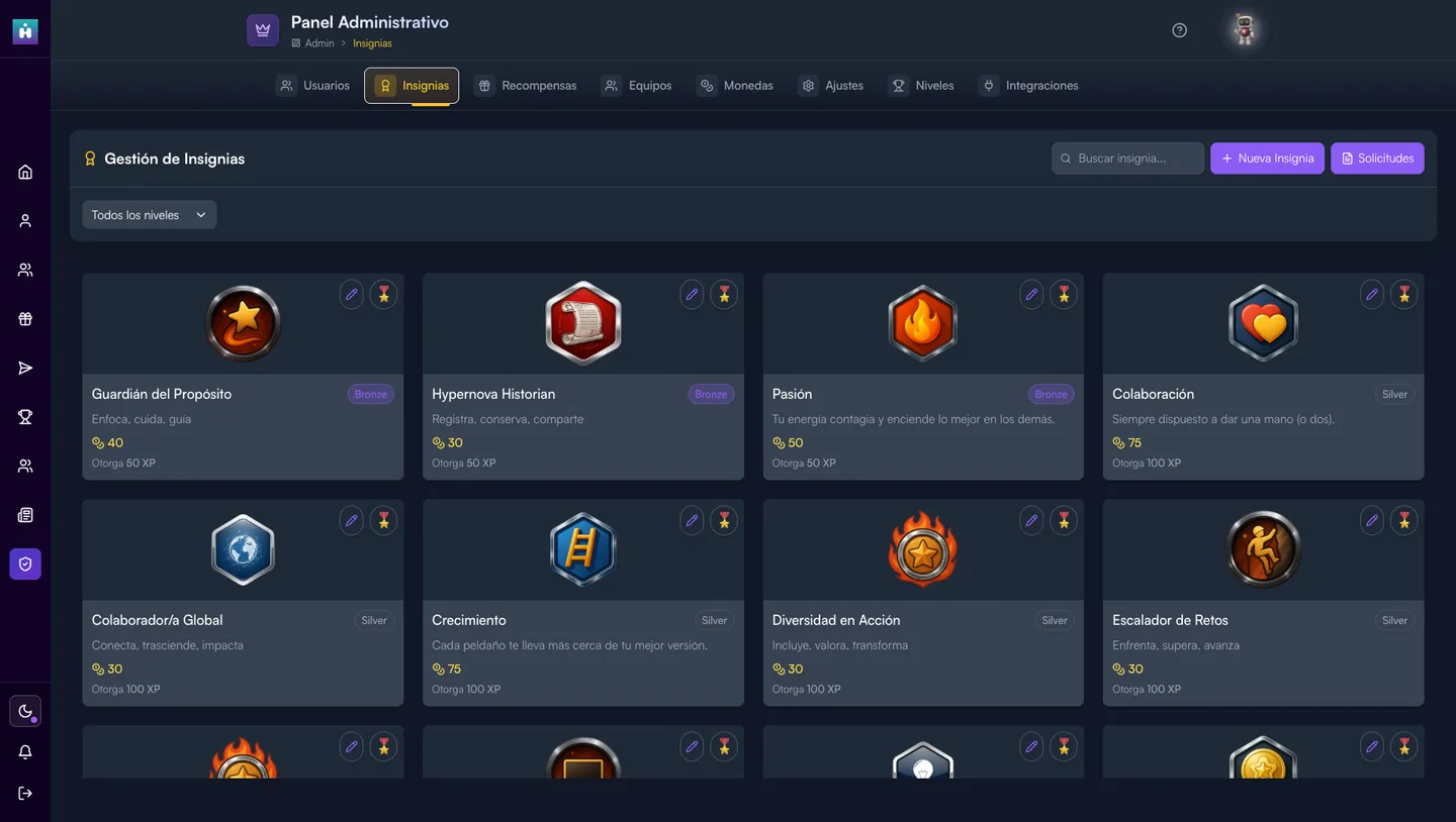 Gestión de insignias con categorías Bronce y Plata, costo en monedas y XP