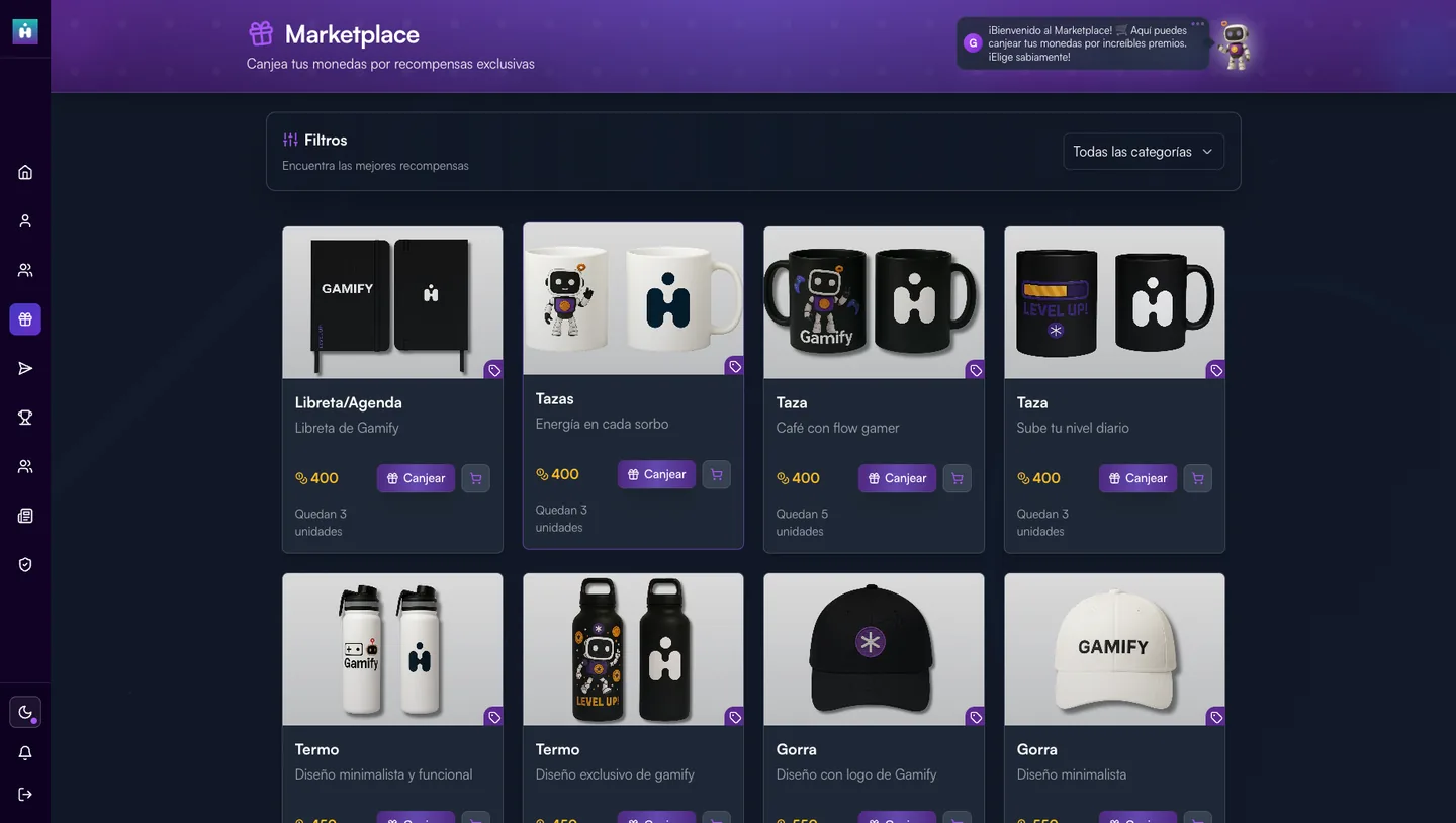 Marketplace de Gamify con recompensas canjeables por monedas