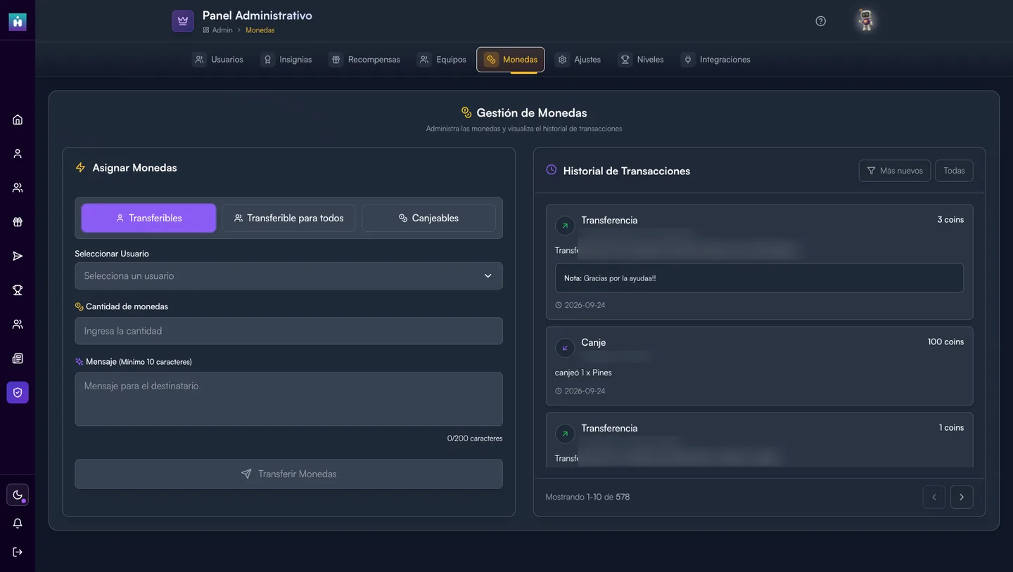 Panel de gestión de monedas con asignación y historial de transacciones