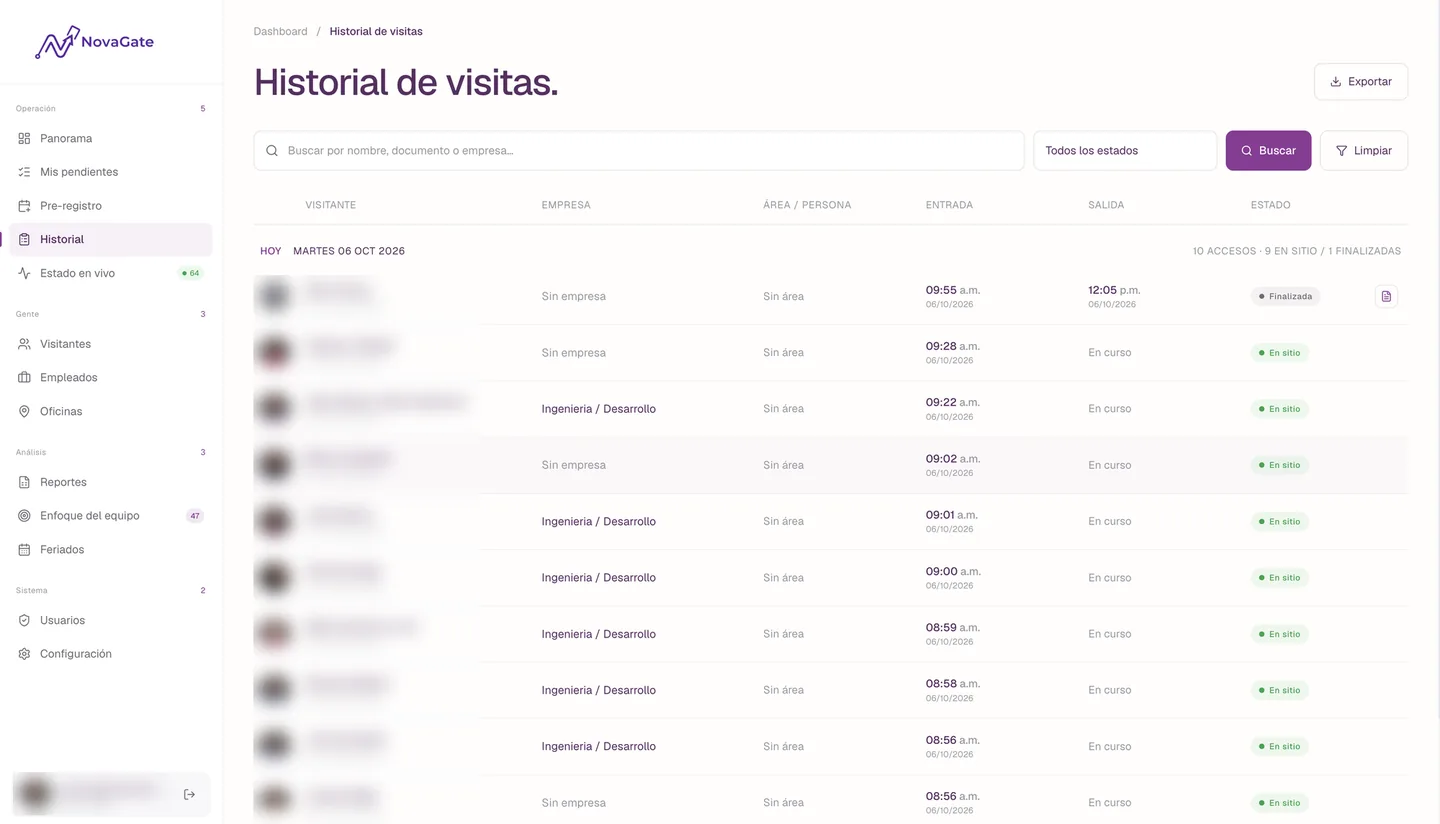 Historial de visitas con búsqueda, estado de cada acceso y botón de exportar