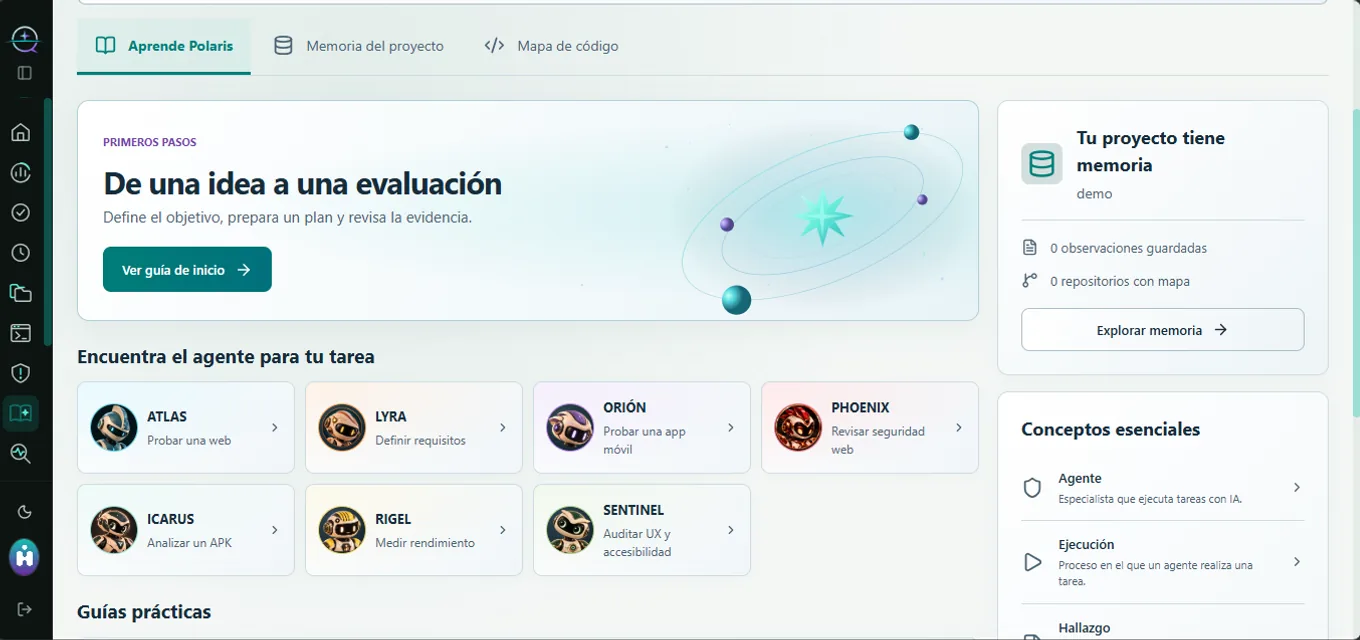 Guía de Polaris con los siete agentes y la memoria del proyecto