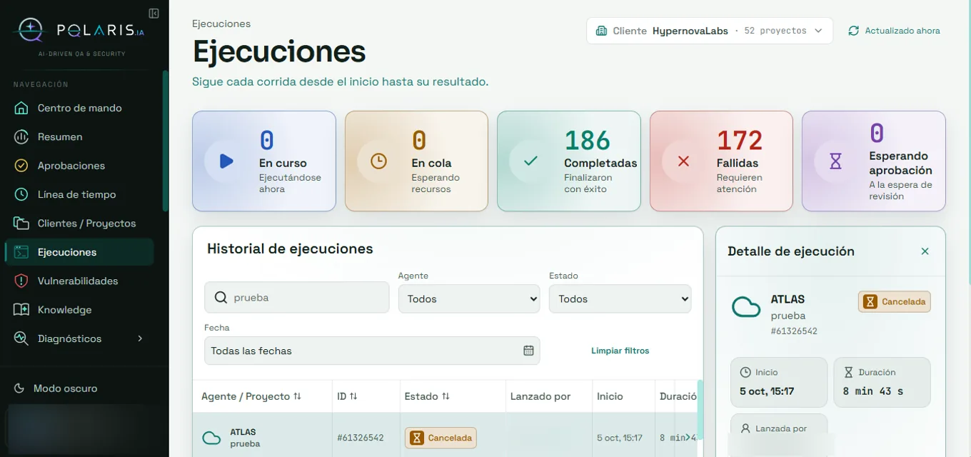 Panel de ejecuciones de Polaris con contadores por estado y el historial