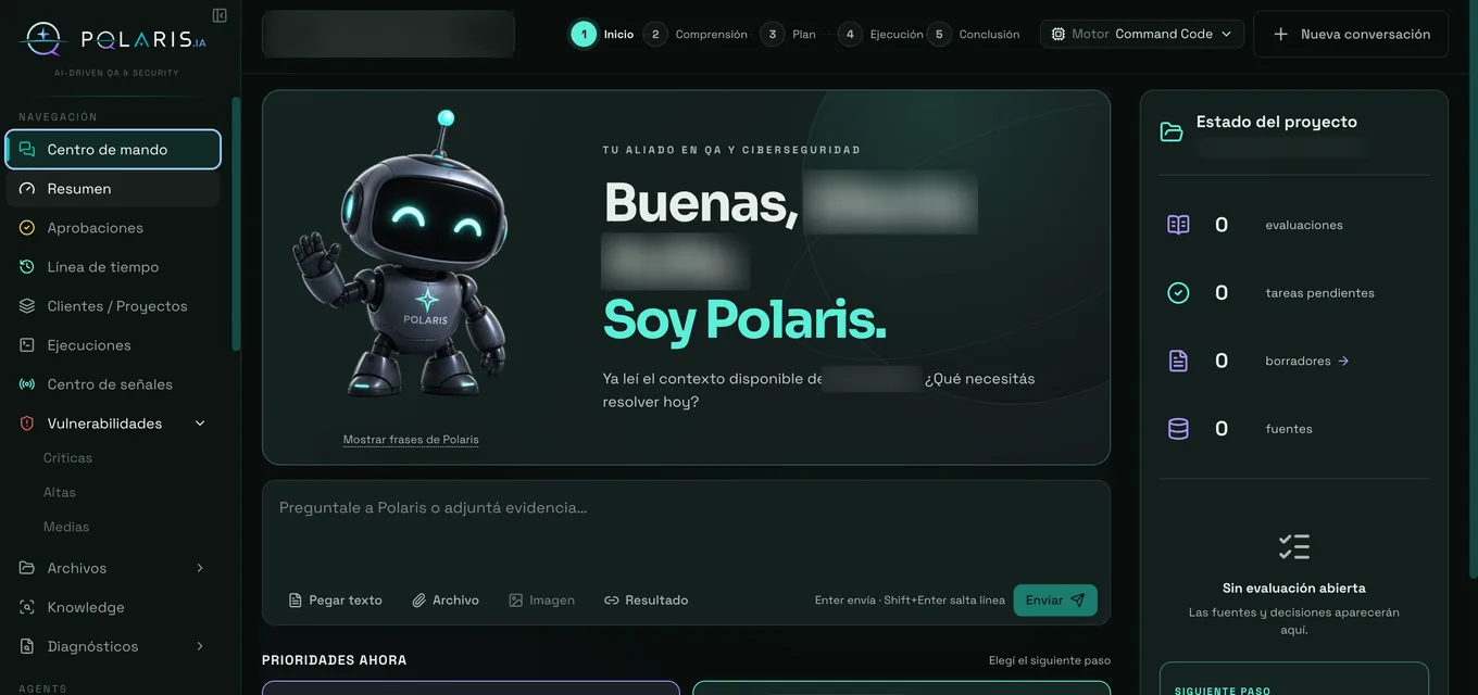Centro de mando de Polaris con el asistente, el chat y el estado del proyecto