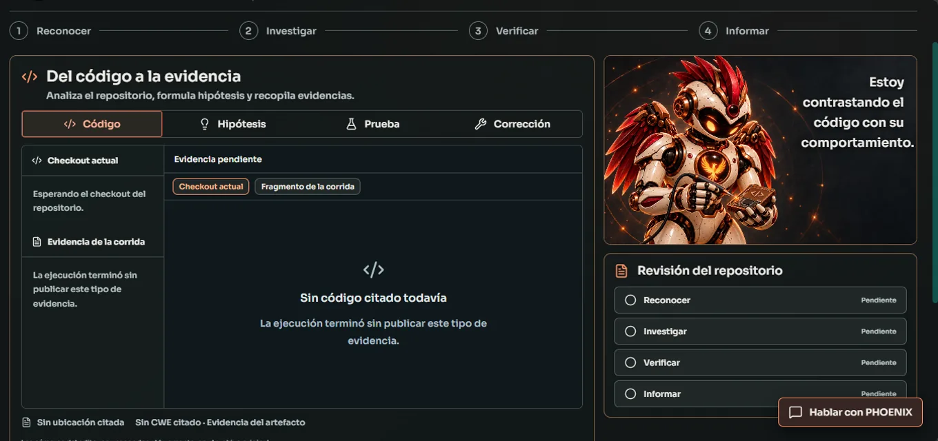 Ejecución en vivo de Phoenix con sus fases y la evidencia de código